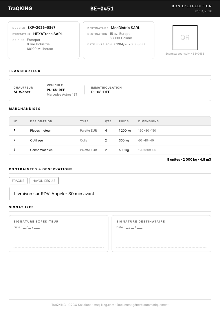 Bon d'expédition imprimé : le QR code occupe le coin supérieur droit du document, sous la mention « Scannez pour suivi », à côté des cases habituelles d'expéditeur, de destinataire, de transporteur, de marchandises et de signatures. Aucune étiquette n'a été ajoutée au document.
